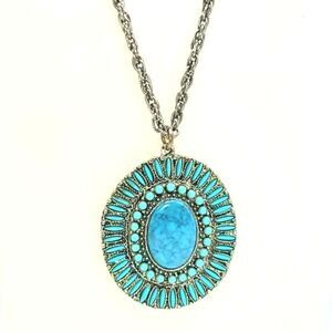 Zuni style Turquoise and Silvertone Pendant Necklace